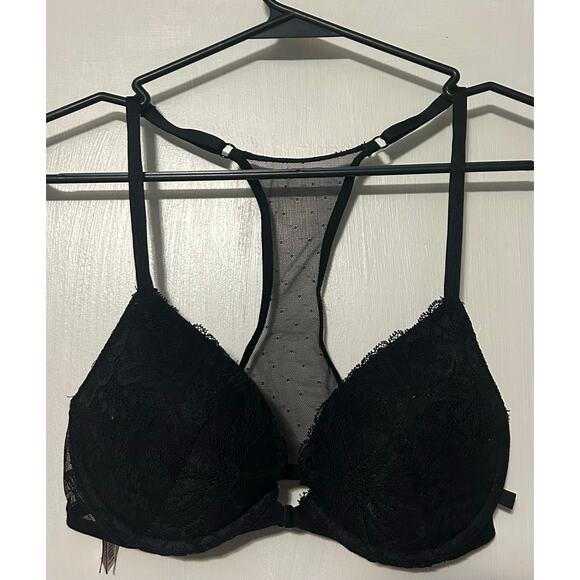Victoria’s Secret black push-up bra lace racerback front clasp 34c - Picture 1 of 3